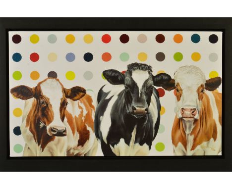 HAYLEY GOODHEAD (BRITISH CONTEMPORARY) 'DAMIENS HERD', a limited edition print on canvas 25/195 of cows against a Damien Hirs
