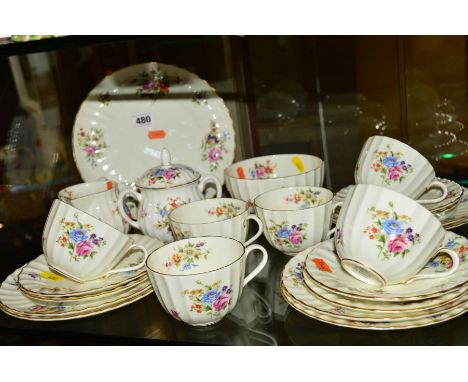 ROYAL WORCESTER 'ROANOKE' TEA WARES, to include cake plate, covered sugar, sugar bowl, milk jug, six cups (hairline in one), 