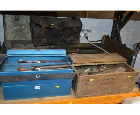 TWO WOODEN TOOL CRATES, TWO METAL CHESTS and leather bag containing  files, spanners and other various hand tools (5)