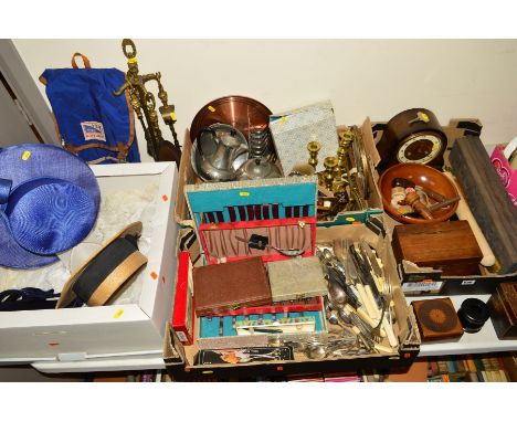 FOUR BOXES AND LOOSE SUNDRY ITEMS, to include two tea caddies (one missing interior), Smiths Enfield mantel clock (key and pe