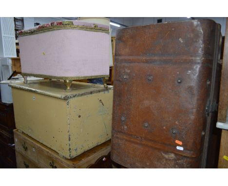 A PAINTED VICTORIAN BLANKET BOX, width 92cm x depth 50cm x height 48cm  together with a wicker linen box, two Edwardian chair