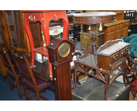 AN ORIENTAL RED GROUND HALL TABLE with a single drawer, granddaughter clock, Victorian tripod table, beech cantilever sewing 