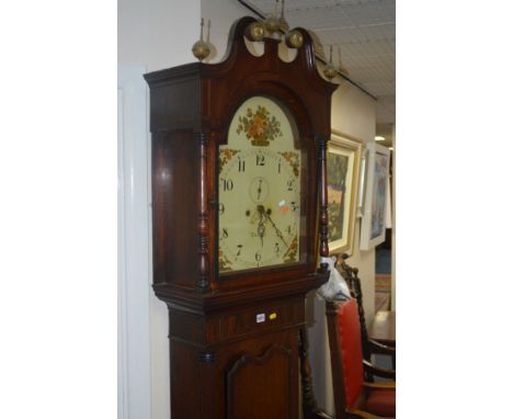 A GEORGE III OAK, MAHOGANY BANDED AND SATINWOOD INLAID EIGHT DAY LONGCASE CLOCK, the hood with triple brass finials, swan nec