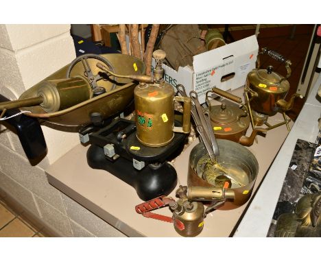 A GROUP OF METALWARES, comprising bottle jack and wheel, scales and weights, oil can, hand held blow torch, set of five gradu