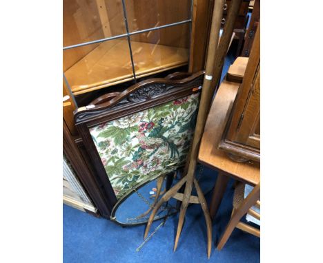 A VINTAGE BEECH HAY RAKE AND FORK,together with an Edwardian three fold screen and a brass oval mirror (4)