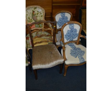 A PAIR OF REPRODUCTION FRENCH ARMCHAIRS, together with an elbow chair and a Georgian walnut ladder back chair (4)