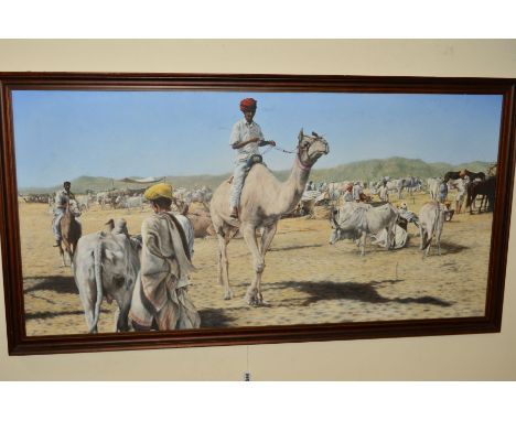 TOM BOWER (BRITISH 20TH CENTURY) 'PUSHKAR FAIR, RAJASTHAN, INDIA', an Indian livestock trading post featuring camels and catt