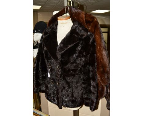 TWO MINK JACKETS, comprising black mink with horizonatal pelts and dark brown with shawl collar, half belt to back (one butto