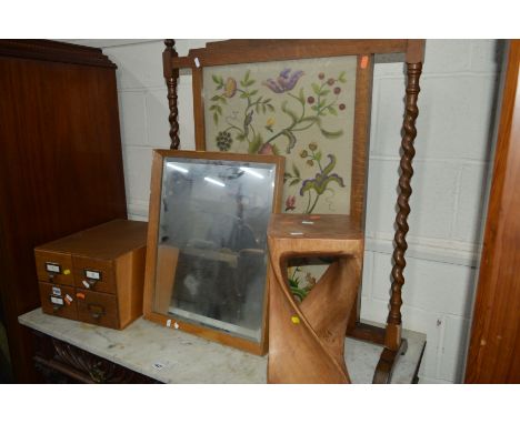 AN OAK FOUR DRAWER INDEX CABINET, together with an oak needlework fire screen, oak framed mirror, a modern mirror, footstool,