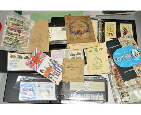 A MIXED LOT, comprising an album of Military postcards, an album of cigarette/tea cards, three albums of mainly GB First Day 