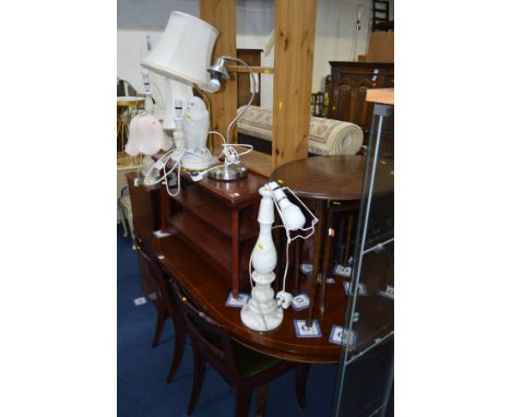 A MAHOGANY PEDESTAL TABLE, FOUR CHAIRS, sideboard (opposite), a mahogany TV stand, pine shelf unit, nest of two tables and ei