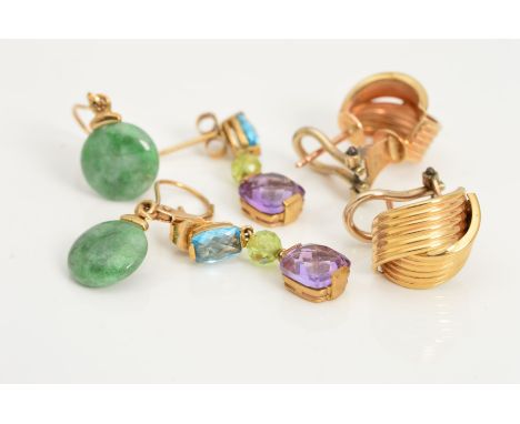 THREE PAIRS OF EARRINGS, the first designed as two banded interlocking lines, with hinged earring backs, the second designed 