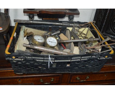A CRATE CONTAINING MECHANIC TOOLS AND PARTS, to include two pressure valves, etc