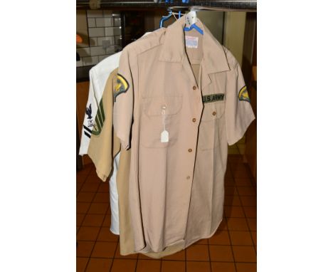 THREE US FORCES UNIFORM ITEMS as follows (a) Sand coloured short sleeve shirt, US Army patch and shoulder patches by 'Creight