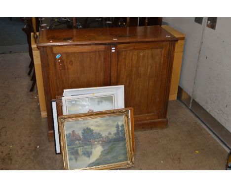 AN EDWARDIAN WALNUT PANELLED TWO DOOR CUPBOARD, width 122cm x depth 45cm x height 97cm (s.d.) together with paintings and pri