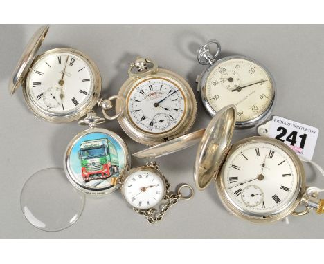 FIVE POCKET WATCHES AND ONE SPHERICAL WATCH FITTED WITH A CHAIN, to include a Continental Elgin pocket watch, a Swiss K Arabi