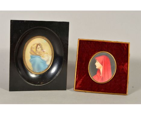 AN EARLY 20TH CENTURY PORTRAIT MINIATURE, of a mother and child, 8cm x 6.3cm, together with another of a side profile portrai