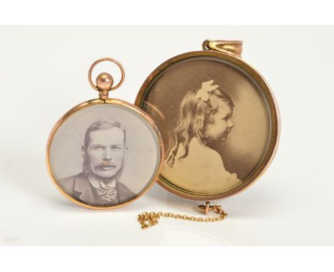 TWO PICTURE PENDANTS, measuring approximately 33mm and 42mm in diameter, the smaller hallmarked 9ct gold, Birmingham 1961, th