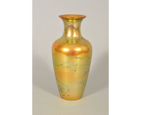 ZSOLNAY PECS, an iridescent gold baluster shaped vase with green striations, printed backstamp to the base, height approximat