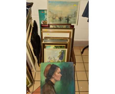 PICTURES AND PRINTS etc to include a portrait of young woman indistinctly signed, oil on board, woolwork picture of a cottage