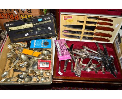 A CANTEEN OF COMMUNITY PLATE CUTLERY AND BOXED AND LOOSE CUTLERY, etc including enamel and other badges, boked knife sets, et