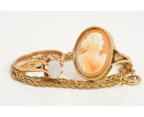 THREE ITEMS OF JEWELLERY TO INCLUDE, a gold cameo ring, ring size approximately L, an opal single stone ring, opal measuring 