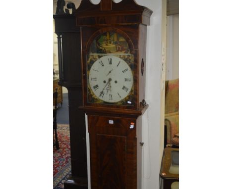 AN EARLY 19TH CENTURY MAHOGANY AND SATINWOOD INLAID AND BANDED EIGHT DAY LONGCASE CLOCK, the arched hood with pierced oval de