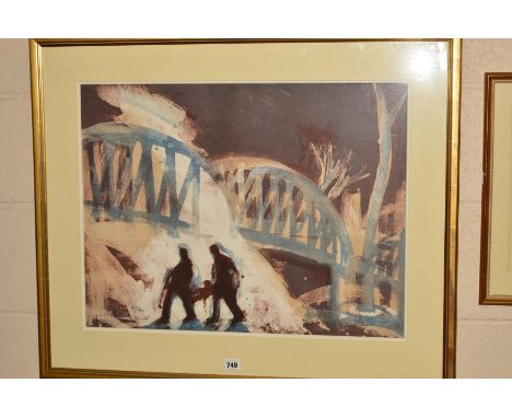 A LIMITED EDITION SILKSCREEN PRINT OF TWO FIGURES BEFORE A BRIDGE, numbered 75 from an edition of 75, printed on BFK Rives pa