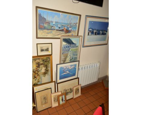 PAINTINGS AND PRINTS ETC, to include 'Fishing Boats' by Godfrey Johnson, oil on canvas, approximate size 39cm x 75cm, 'Beachl
