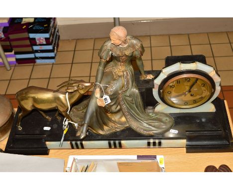 A LARGE FRENCH ART DECO BLACK SLATE AND ONYX FIGURAL MANTEL CLOCK, with seated lady and deer, eight day movement with bells s