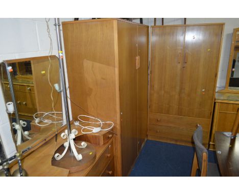 A LIGHT WALNUT AND BEECH THREE PIECE BEDROOM SUITE, together with a standard lamp (4)