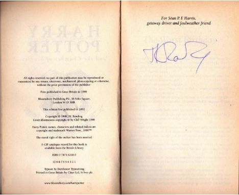 J. K Rowling signed Harry Potter and the Chamber of Secrets paperback book signature on the inside title page. All autographs