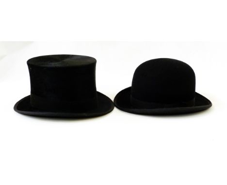 Vintage black fur top hat, two bowler hats, a quantity of gentlemen's gloves, scarves, boxed handkerchiefs, a vintage leather