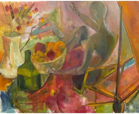 Sheila Cripps (20th century) Acrylic on canvas Half-length portrait of seated lady wearing a hat, 44cm x 33cm, five other pai