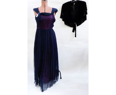 1920's/30's midnight blue lace evening dress, a 1920's sequin evening jacket, a vintage black velvet short evening cape and a