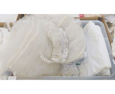 Various table linen, three various cotton sheets, napkins, handkerchief case, embroidered tablecloths, full-length wedding ve