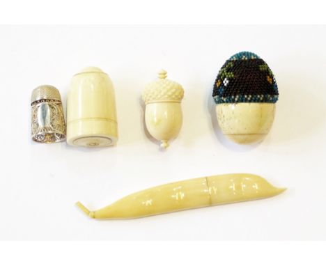 19th century ivory sander carved in the form of an acorn with pierced internal cover, 19th century bone thimble case of plain