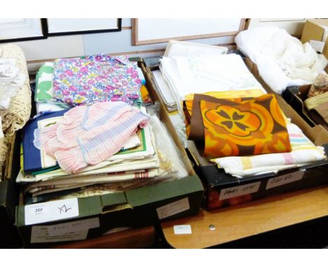 Quantity of table linen, linen hand towels, quantity of tea towels, vintage pinnys, etc. (2 boxes) 