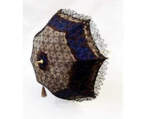 Victorian lace and satin parasol with bone carved handle and knop, with a ring on the knop and original tassel, folding with 