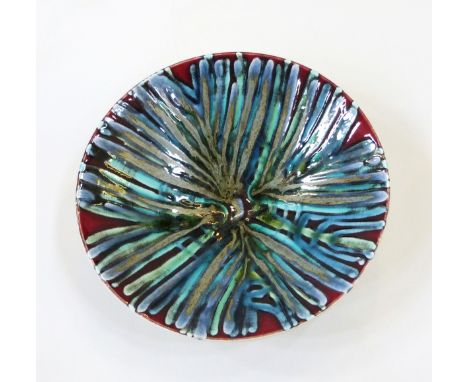 Poole Delphis pottery bowl, pattern no.57, by Christina Tate, red with blue, turquoise and silver iridescent abstract banding