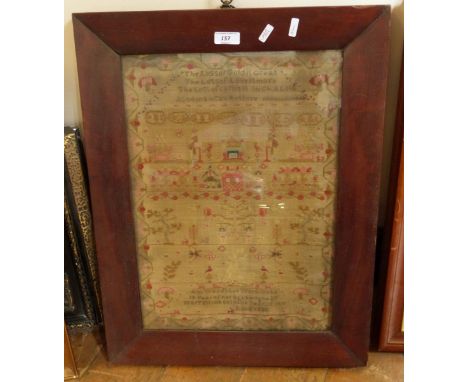 Early 19th century sampler by Am Woods (taught by Mary Plumton)1836, decorated with verse, Adam and Eve beneath a tree, furth