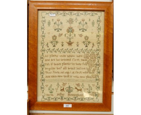 Early 19th century sampler by Sarah Miller of Hunningham 1812, with a central verse, surrounded by insects, flowers, etc., 40