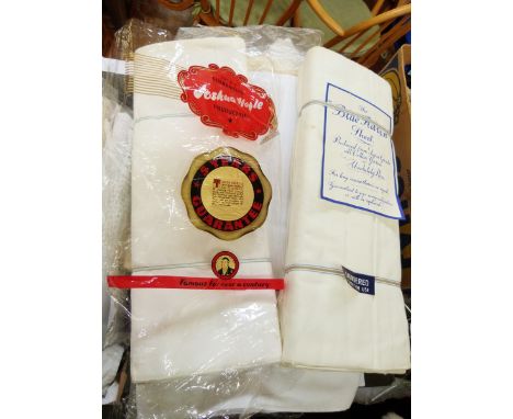 Quantity of bed linen including vintage unused "The Blue Ribbon Sheet produced from Supergrade, all cotton yarns, absolutely 