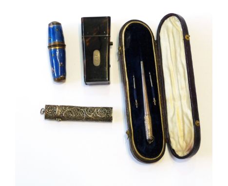 19th century tortoiseshell scent bottle case of tapered rectangular form (interior missing), an enamel spool holder painted w
