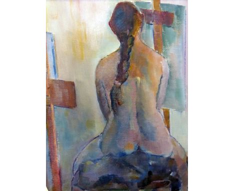 Sheila Cripps (20th century) Oil on board Half-length portrait of the back of a seated female nude, signed lower left, 49cm x
