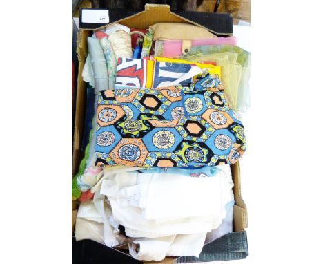 Quantity of silk, chiffon and rayon scarves, handkerchiefs, some vintage roll-on and other corsets, etc. (1 box) 
