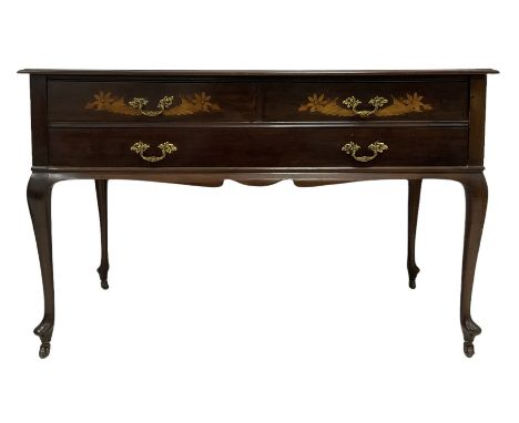 Late Victorian mahogany dressing side table, the rectangular top over two short and one long drawer with floral satinwood inl