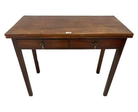 19th century mahogany tea table, the rectangular fold-over top over two drawers, single gate-leg action base, on square suppo