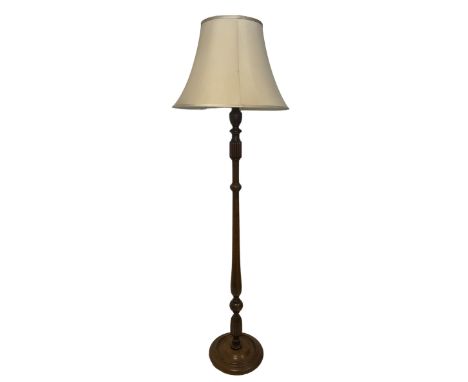 Turned mahogany standard lamp with shade 