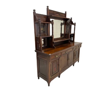 Early 20th century rosewood mirror back sideboard, one central bevelled edge mirror flanked by two shelves with floral decora